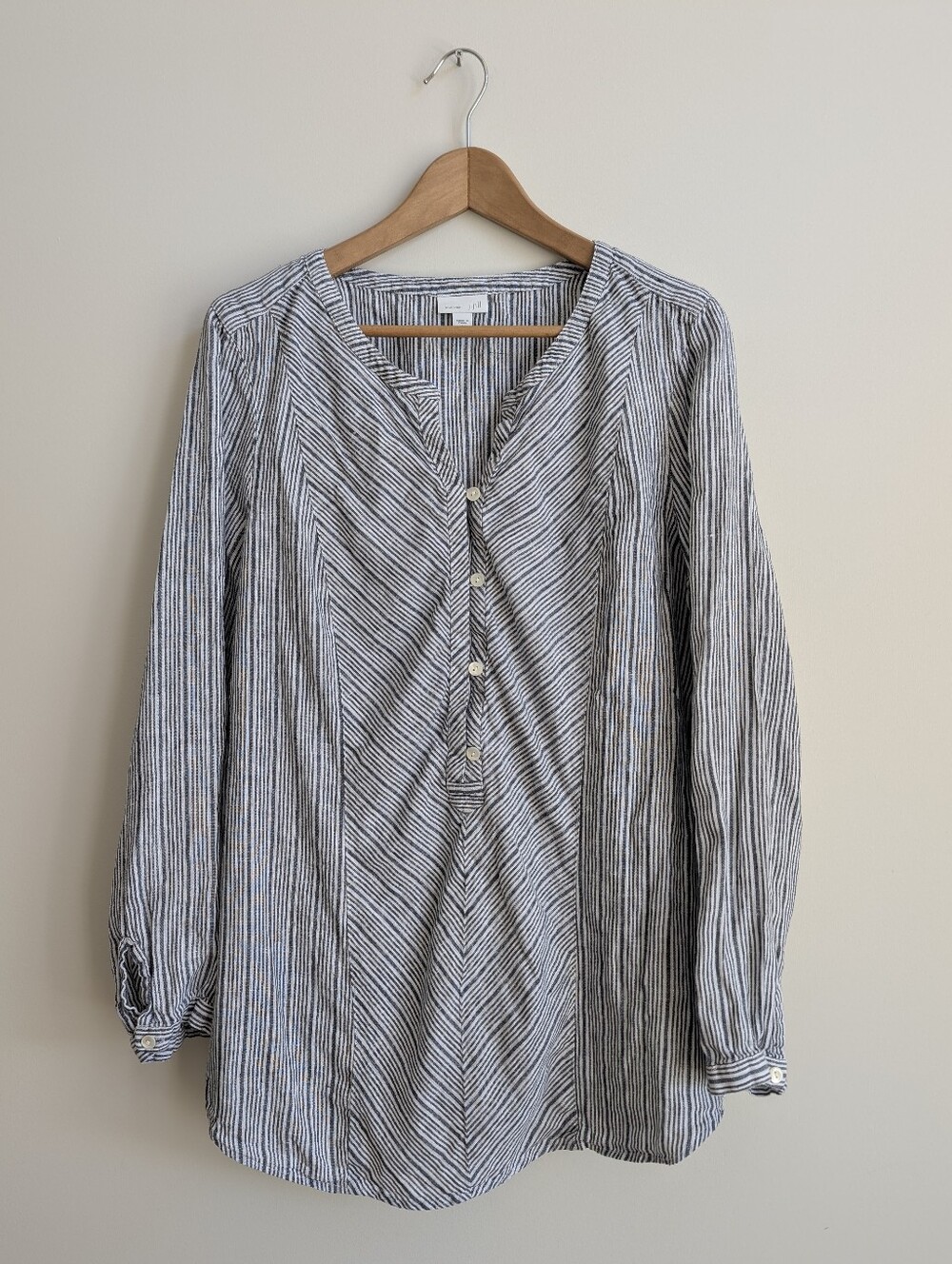 J Jill 100% Linen Large Blue White Striped Popover Shirt Blouse Top Love Linen
